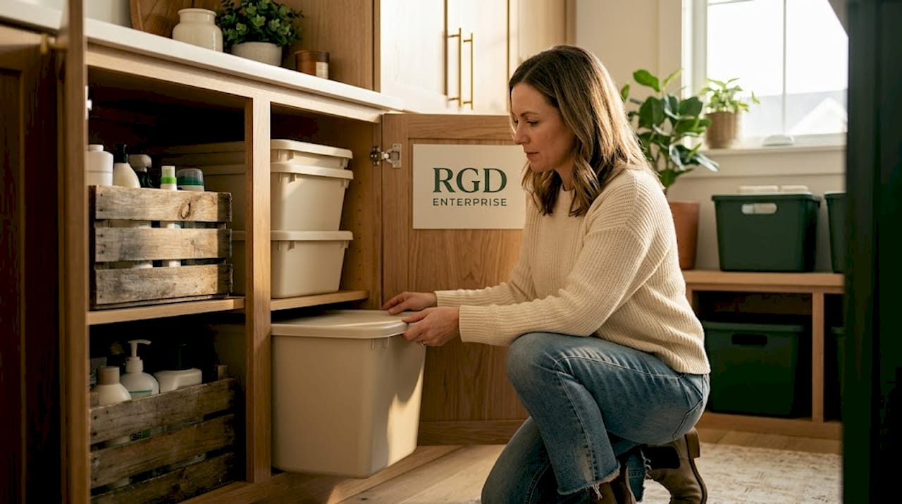 Woman inspecting durable storage bin materials