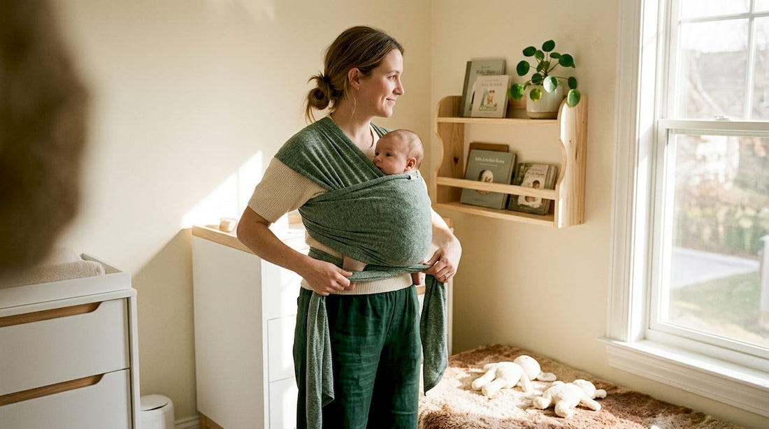 Parent tying baby wrap in living room