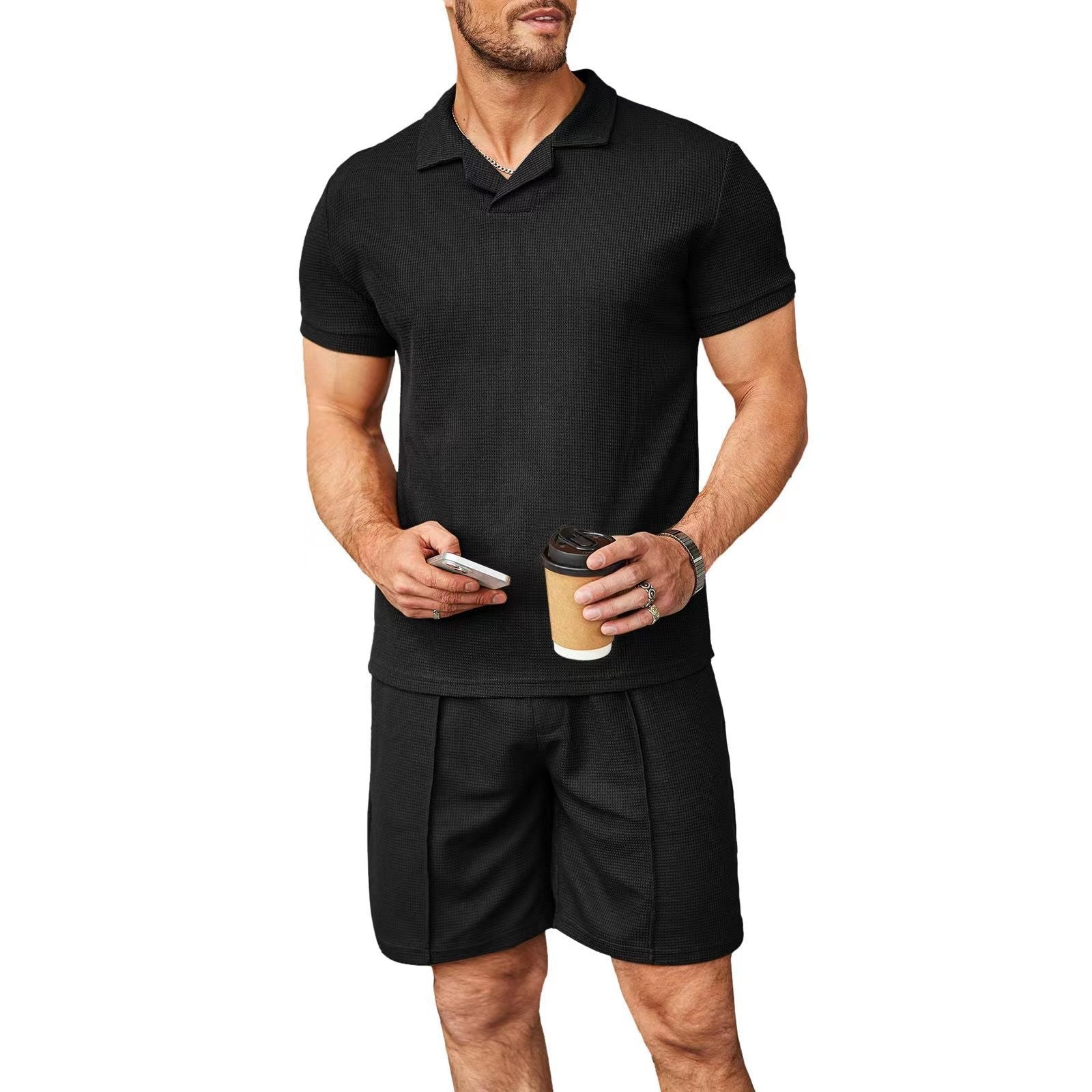 2pcs set men v neck polo shirt lapel short sleeve mens suit waffle style casual fashion t shirt summer - 