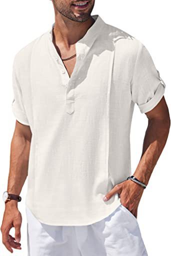henley style linen shirt men casual beach shirt short sleeve t shirt summer - 