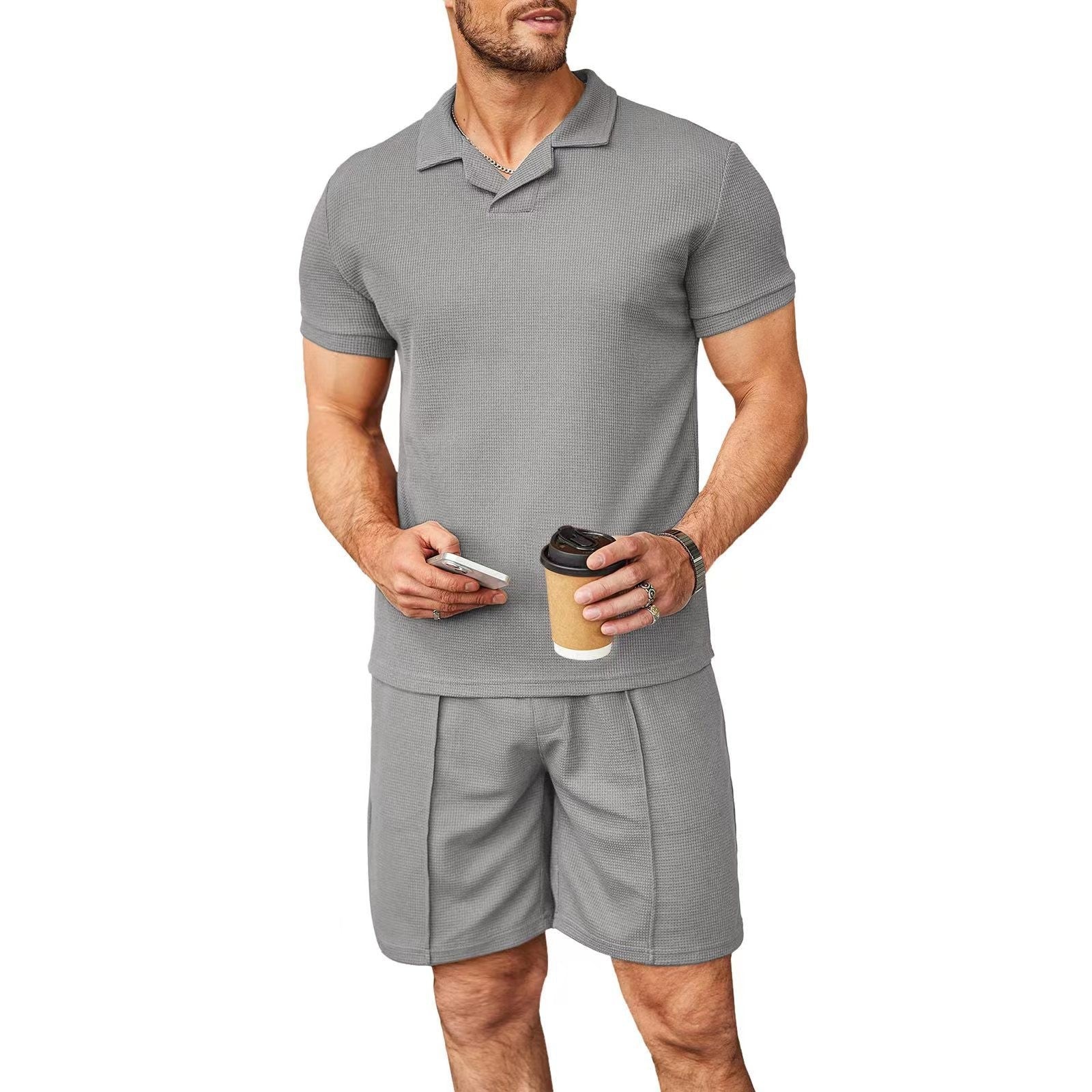 2pcs set men v neck polo shirt lapel short sleeve mens suit waffle style casual fashion t shirt summer - 