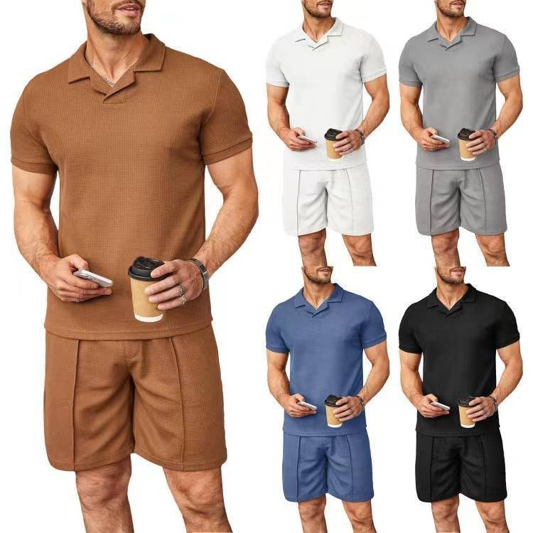 2pcs set men v neck polo shirt lapel short sleeve mens suit waffle style casual fashion t shirt summer - 