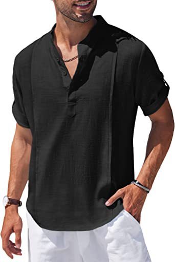 henley style linen shirt men casual beach shirt short sleeve t shirt summer - 