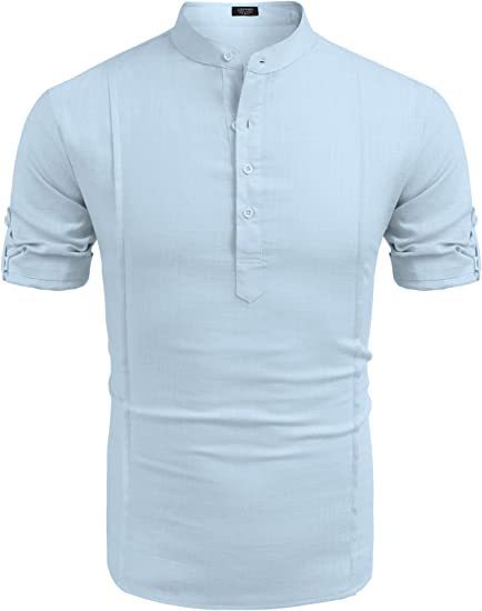 henley style linen shirt men casual beach shirt short sleeve t shirt summer - 