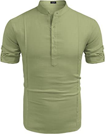 henley style linen shirt men casual beach shirt short sleeve t shirt summer - 
