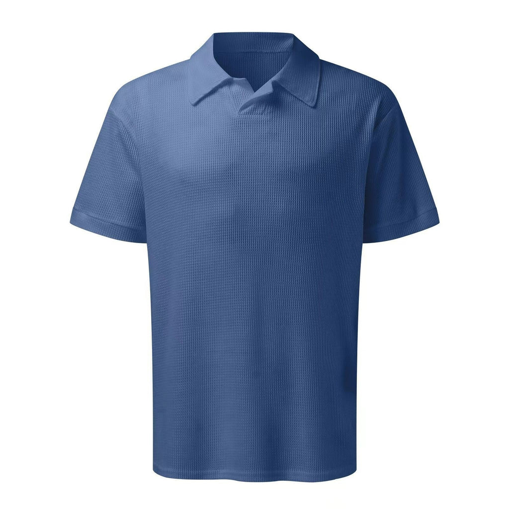 2pcs set men v neck polo shirt lapel short sleeve mens suit waffle style casual fashion t shirt summer - 