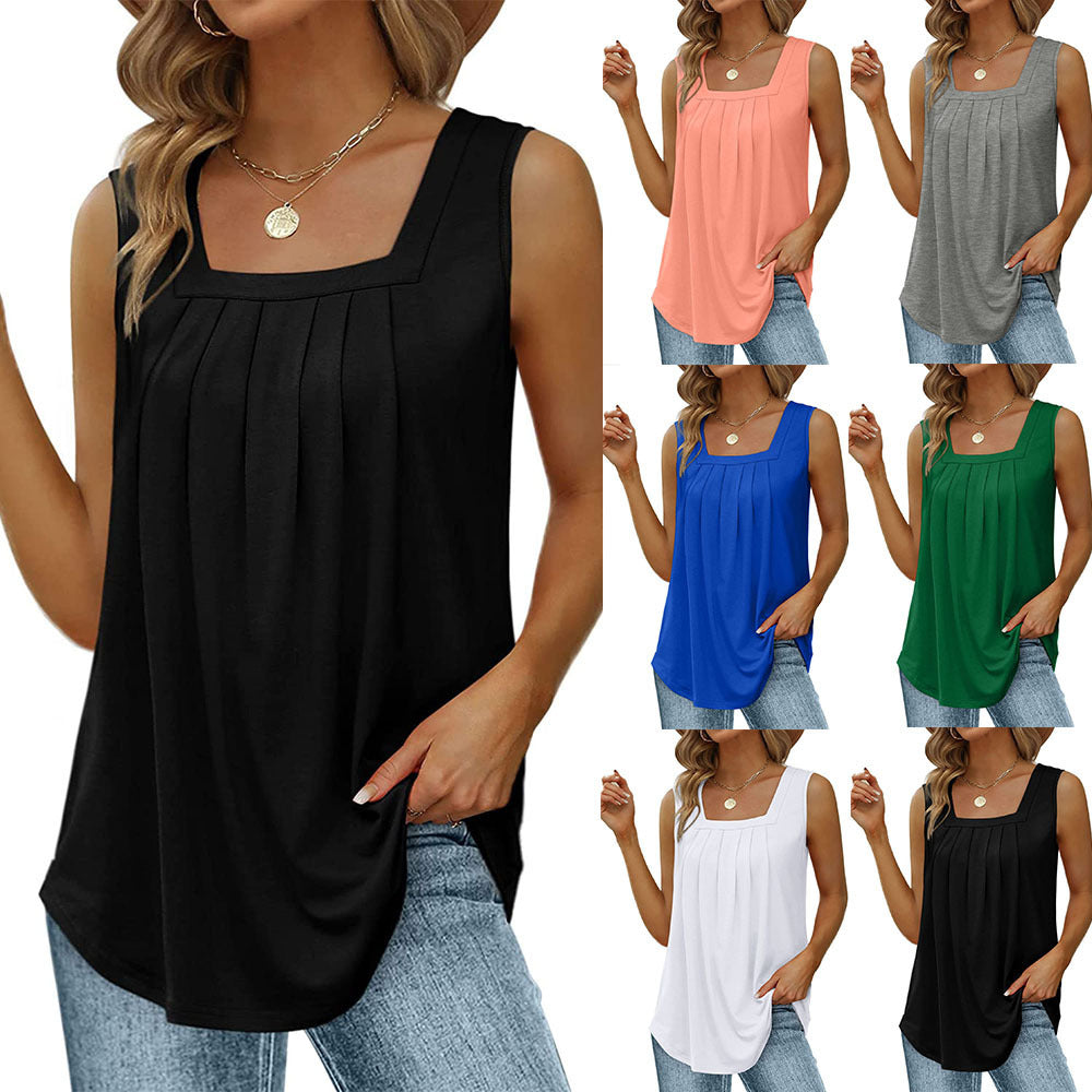 summer tank tops for women loose fit pleated square neck sleeveless tops vest t shirt - 