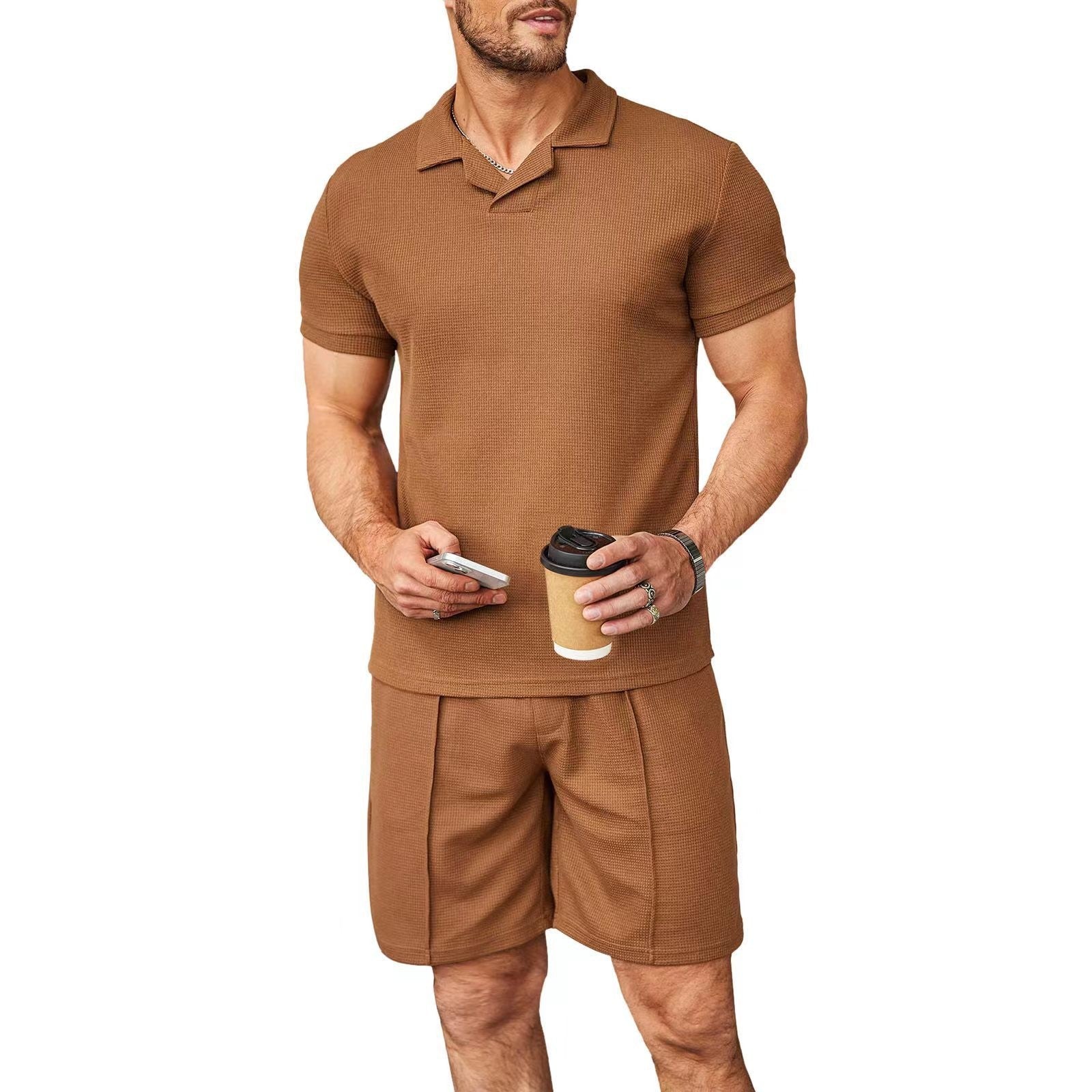 2pcs set men v neck polo shirt lapel short sleeve mens suit waffle style casual fashion t shirt summer - 