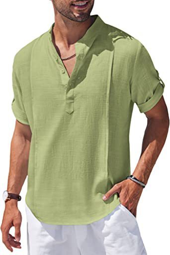 henley style linen shirt men casual beach shirt short sleeve t shirt summer - 
