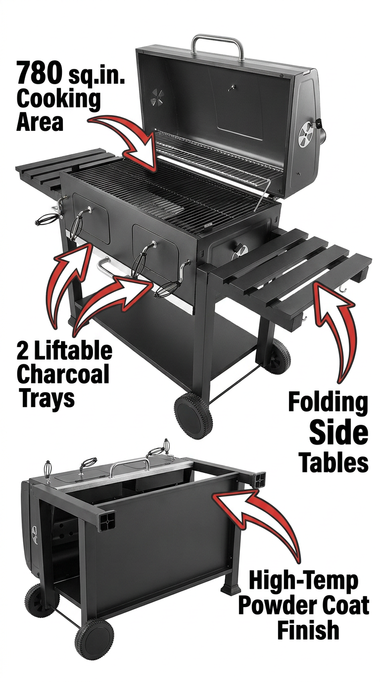 Charcoal Grill, 780 sq.in. Extra-Large Charcoal Barbecue Grill with 2 Liftable Charcoal Trays & Folding Side Tables, High-Temp Powder-Coated