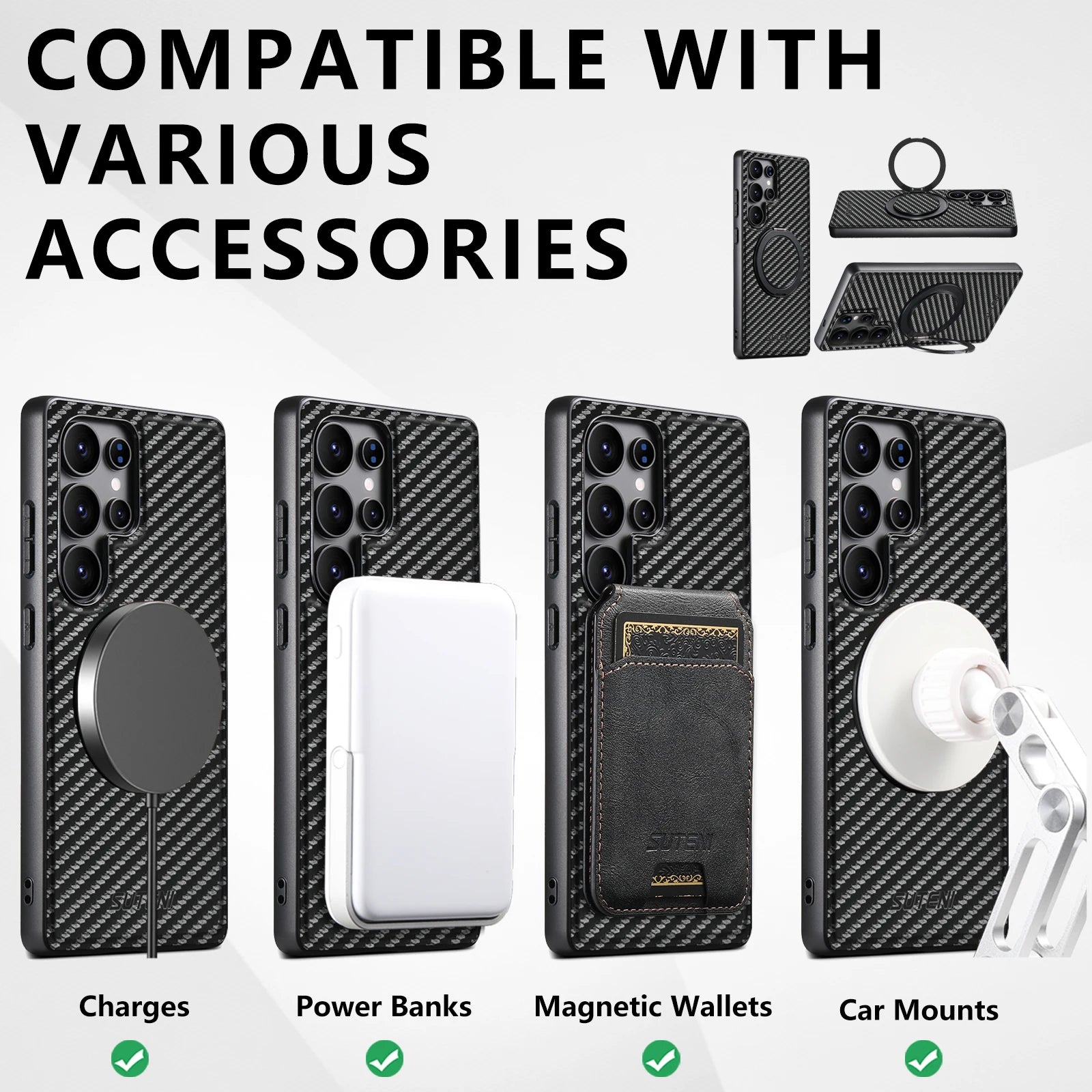 SUTENI Carbon Fiber Phone Case Wireless Charging 360° Rotating Stand