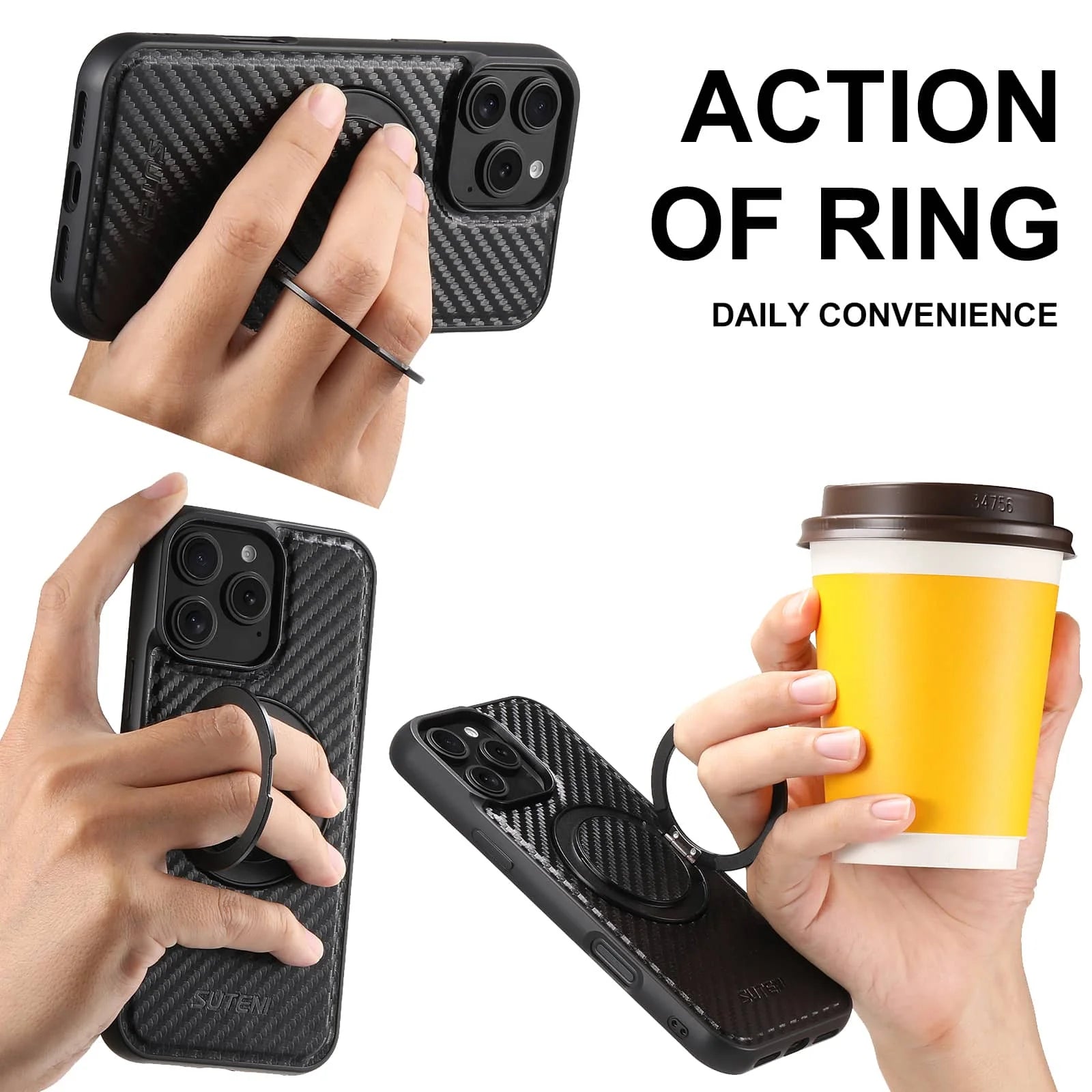 Phone case with ring holder being used to hold a phone and a cup.