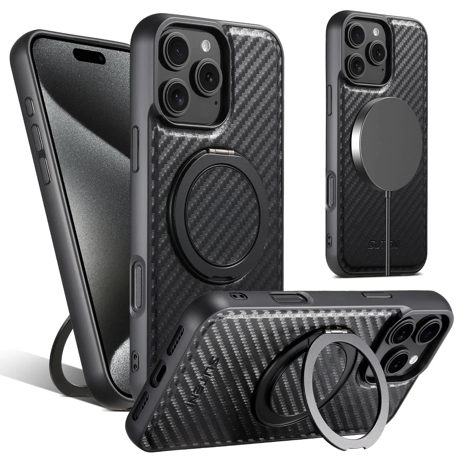 For iPhone 16 15 14 Carbon Fiber Case, Compatible with Magnetic Built in Kickstand Shockproof Protective Cover
