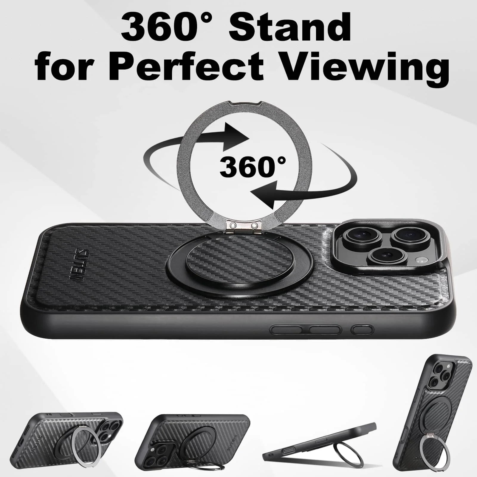Black phone case with 360-degree stand feature on a white background