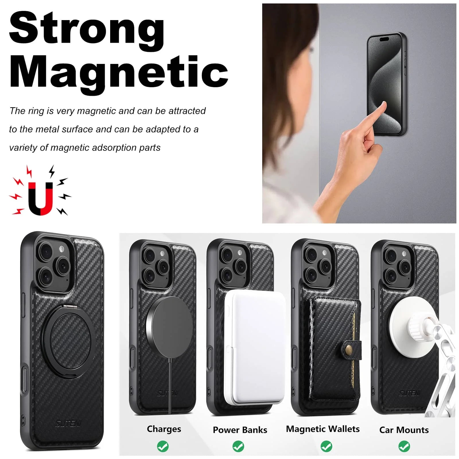 Phone case with magnetic features and text highlighting its capabilities.