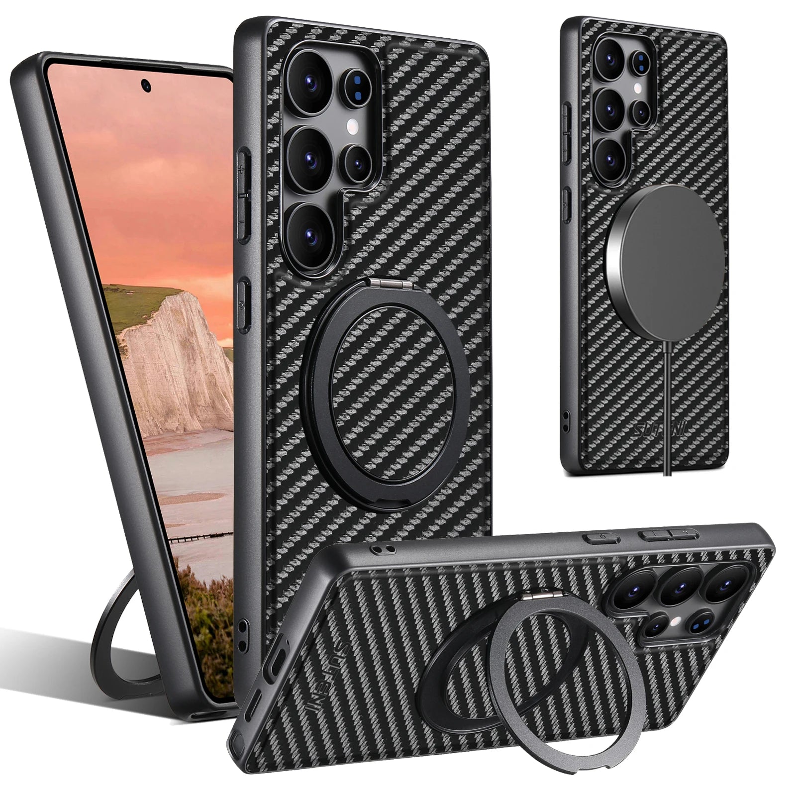 SUTENI Carbon Fiber Phone Case Wireless Charging 360° Rotating Stand