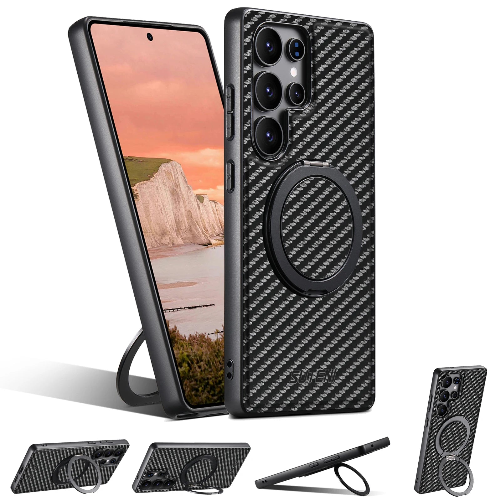 SUTENI Carbon Fiber Phone Case Wireless Charging 360° Rotating Stand