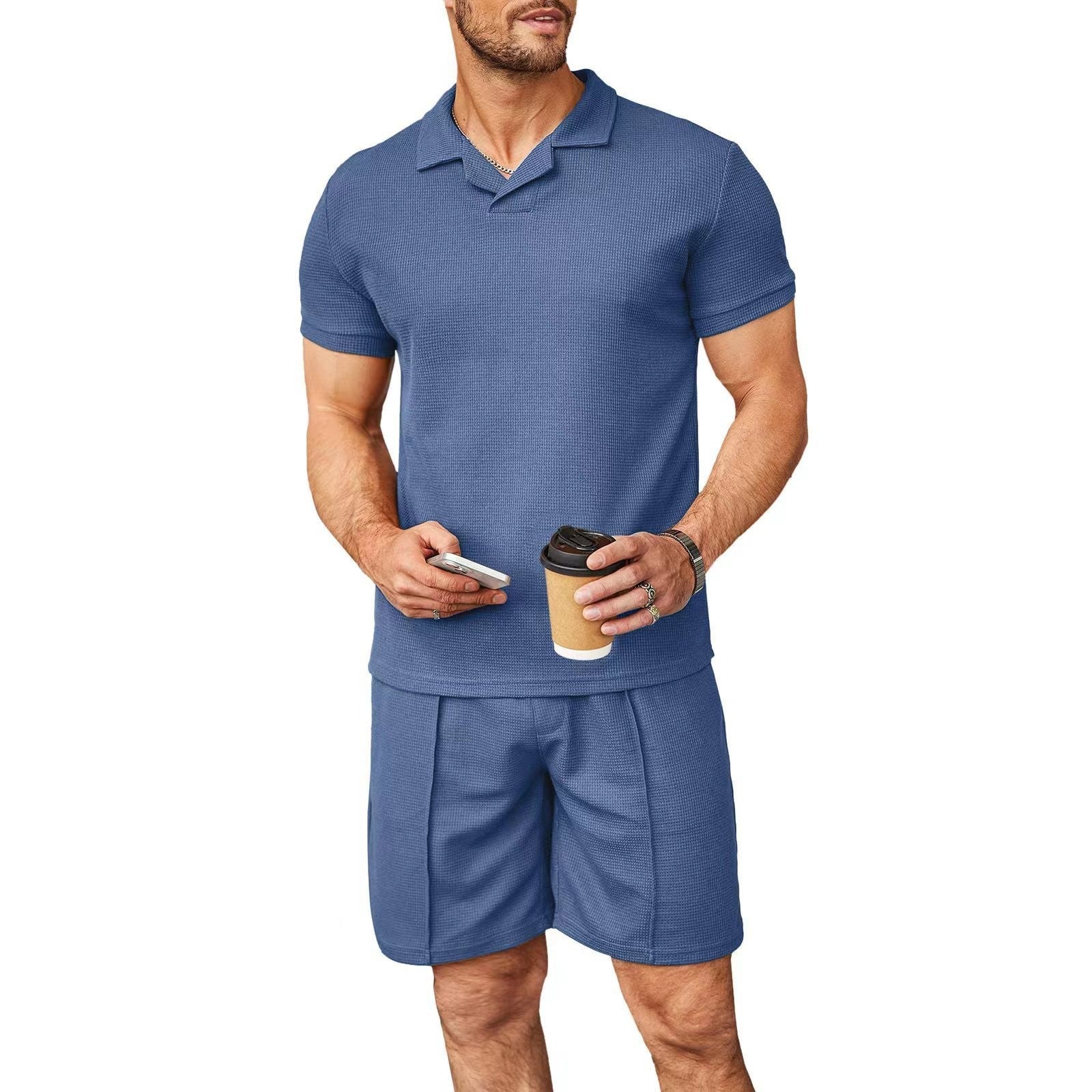 2pcs set men v neck polo shirt lapel short sleeve mens suit waffle style casual fashion t shirt summer - 