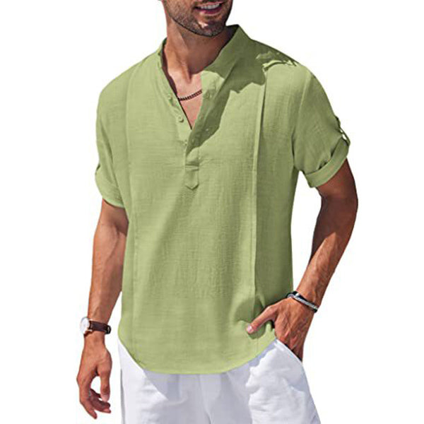 henley style linen shirt men casual beach shirt short sleeve t shirt summer - 