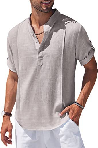 henley style linen shirt men casual beach shirt short sleeve t shirt summer - 