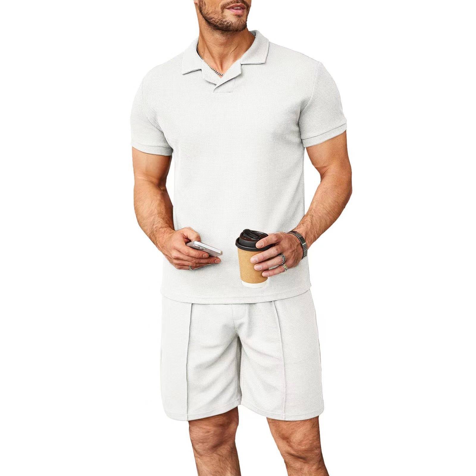 2pcs set men v neck polo shirt lapel short sleeve mens suit waffle style casual fashion t shirt summer - 