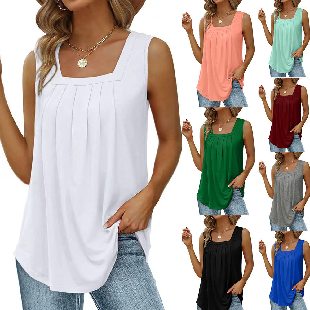 summer tank tops for women loose fit pleated square neck sleeveless tops vest t shirt - 