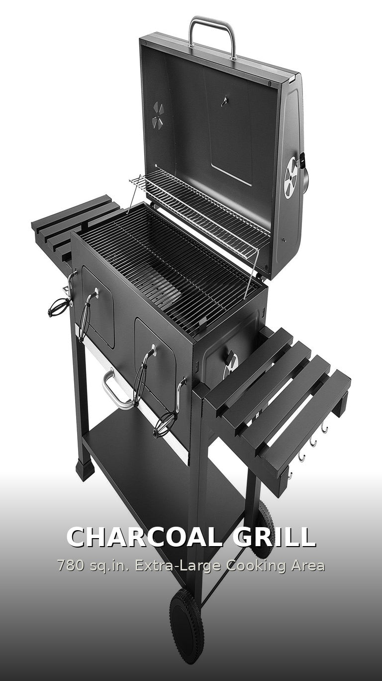 Charcoal Grill, 780 sq.in. Extra-Large Charcoal Barbecue Grill with 2 Liftable Charcoal Trays & Folding Side Tables, High-Temp Powder-Coated