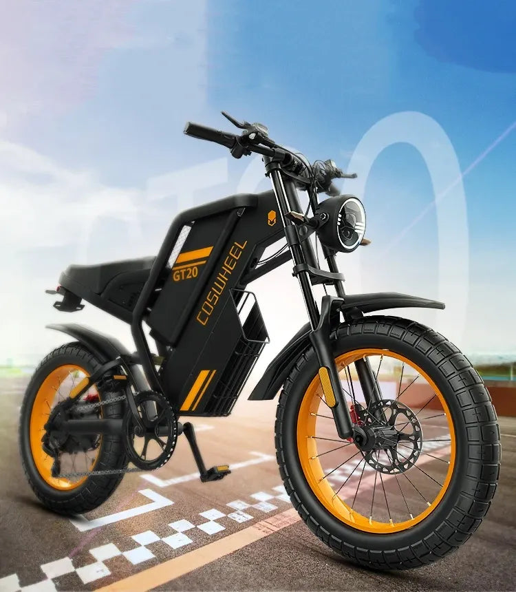 1000W fat?tire electric bike, front angled view showing fork and headlight