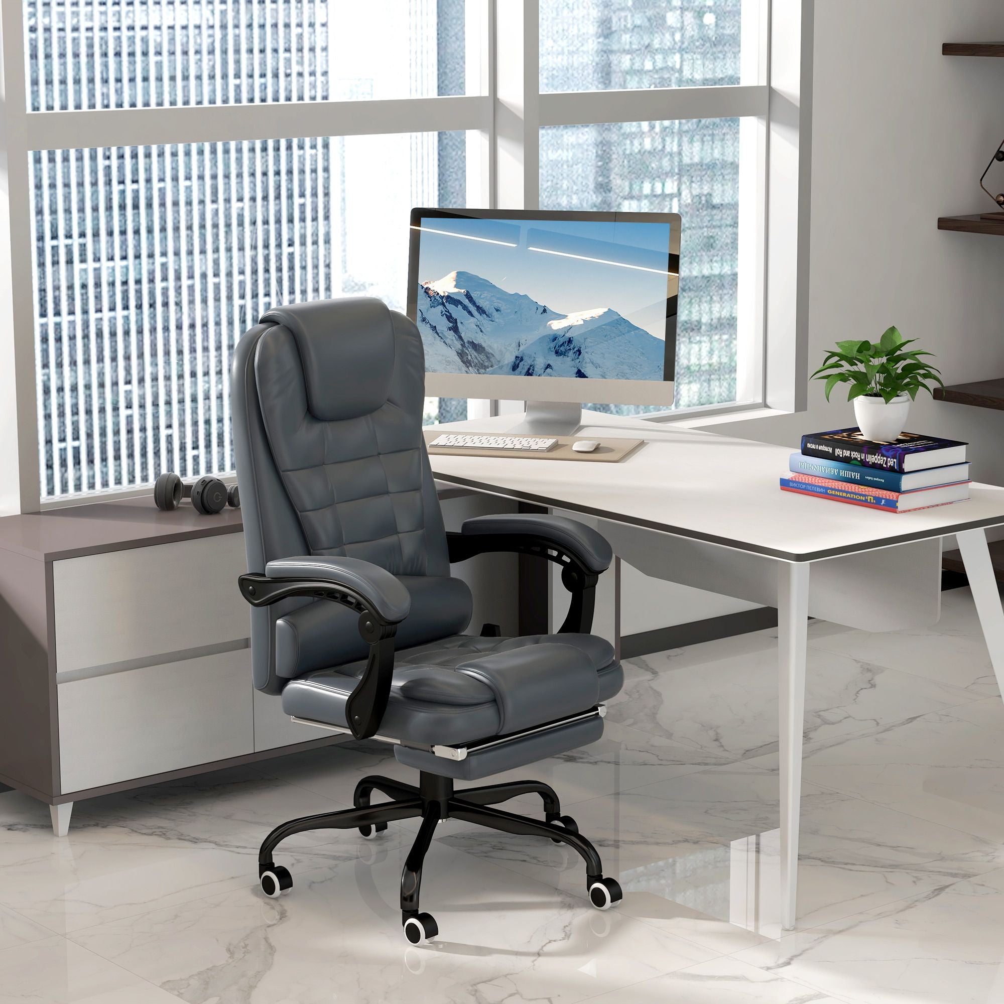 ergonomic 7 point vibrating massage desk chair with lumbar support footrest stylish blue - 