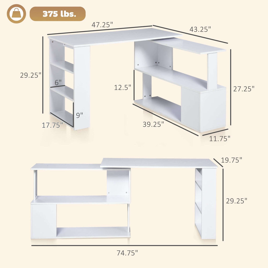 white l shaped corner computer desk with 360 rotating design storage shelves perfect home office workstation - 