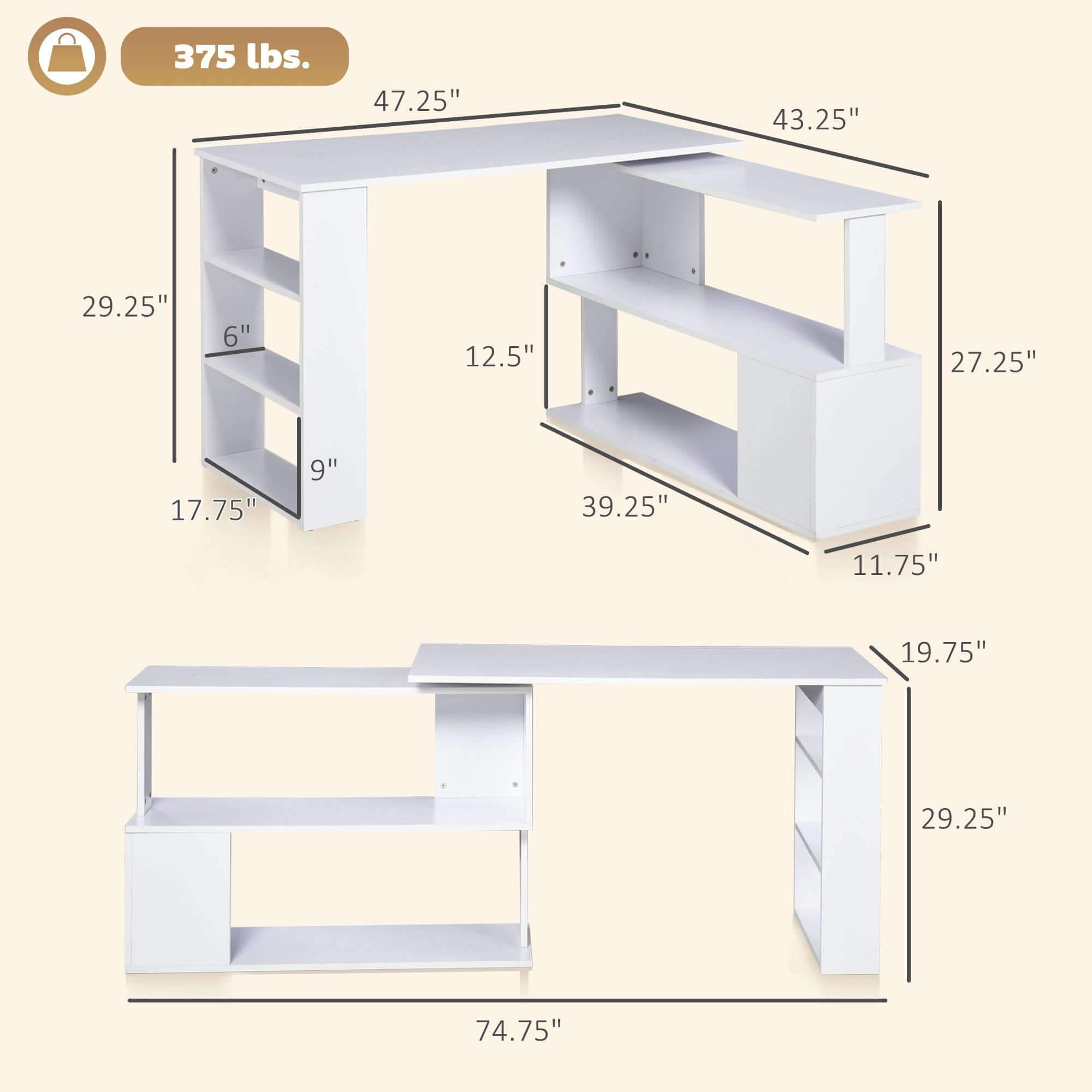 white l shaped corner computer desk with 360 rotating design storage shelves perfect home office workstation - 