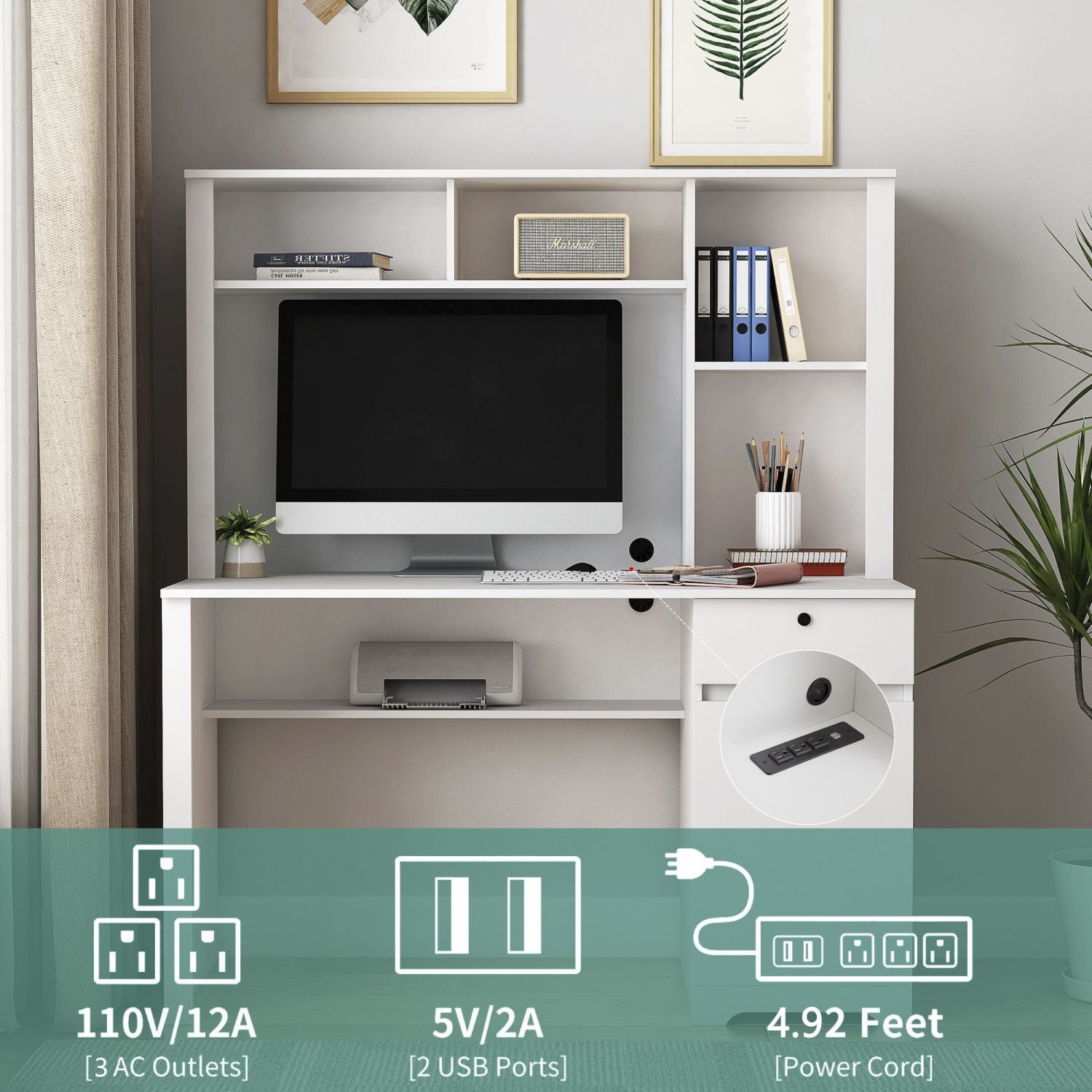 versatile white desk with hutch and bookshelf equipped with charging ports drawers for home office and study needs - ima