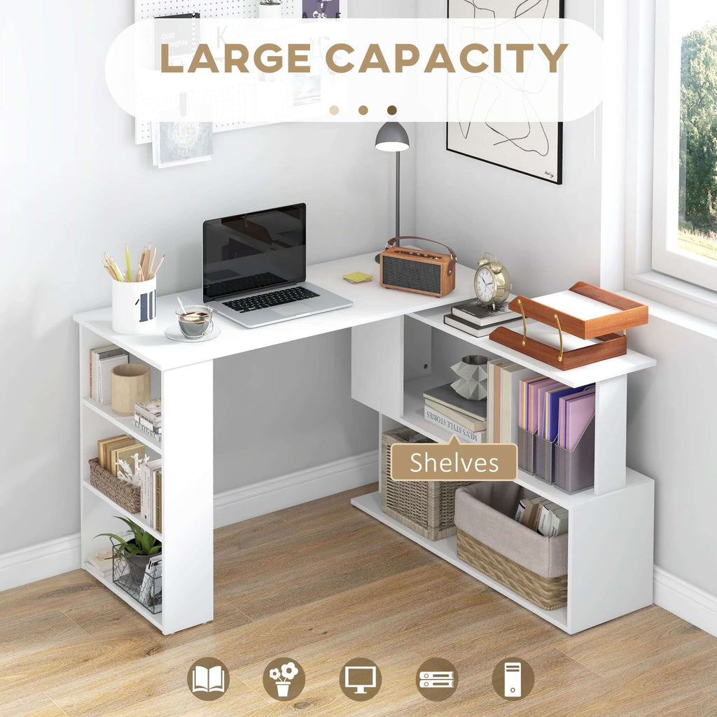 white l shaped corner computer desk with 360 rotating design storage shelves perfect home office workstation - 