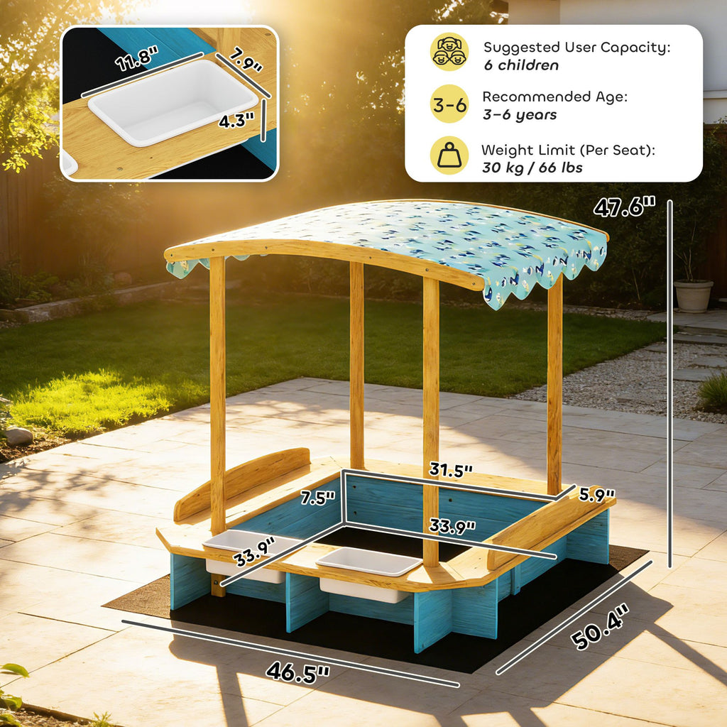 wooden sandbox with dinosaur print canopy kids sandbox outdoor with bench seats 2 storage bins - 