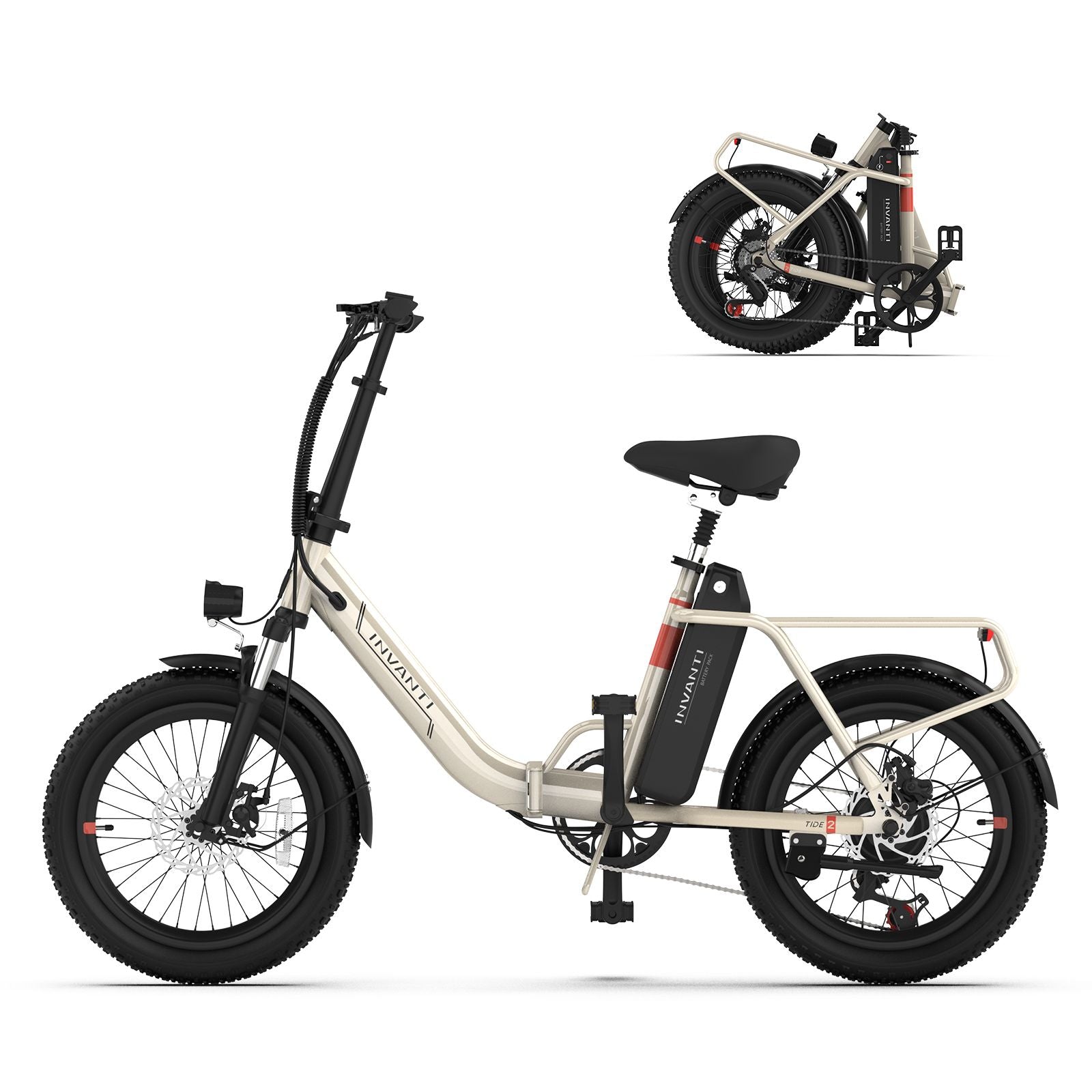  Invanti EB11 folding e?bike, rider on city street, lifestyle action shot