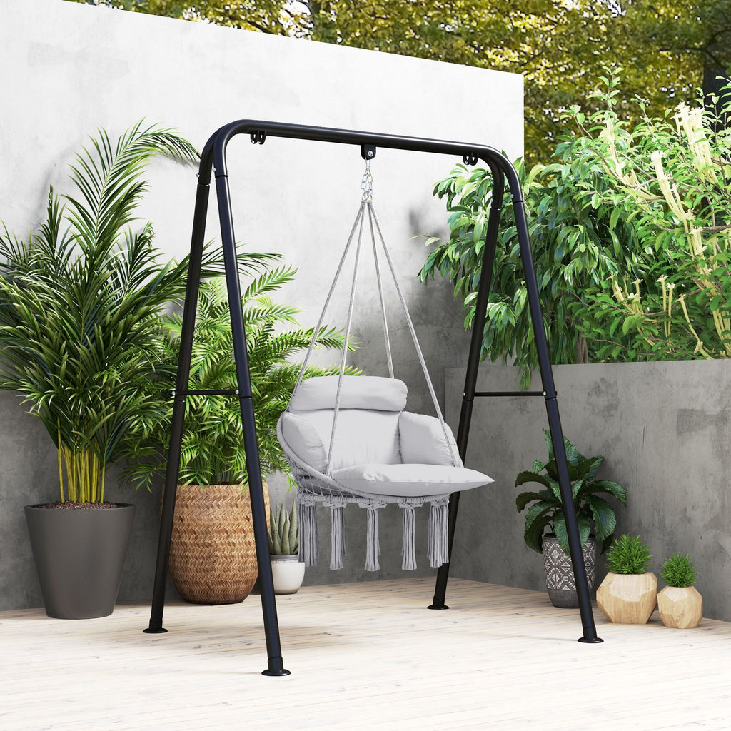 hammock swing chair macrame hanging chair with large cushion chain steel frame for indoor outdoor use gray - 