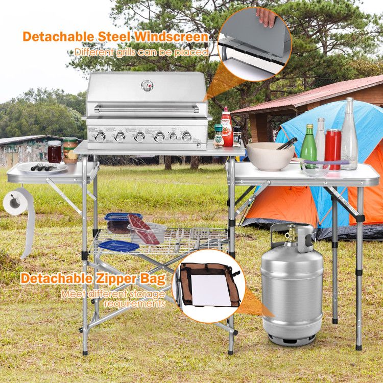 foldable outdoor bbq portable grilling table with windscreen bag - 