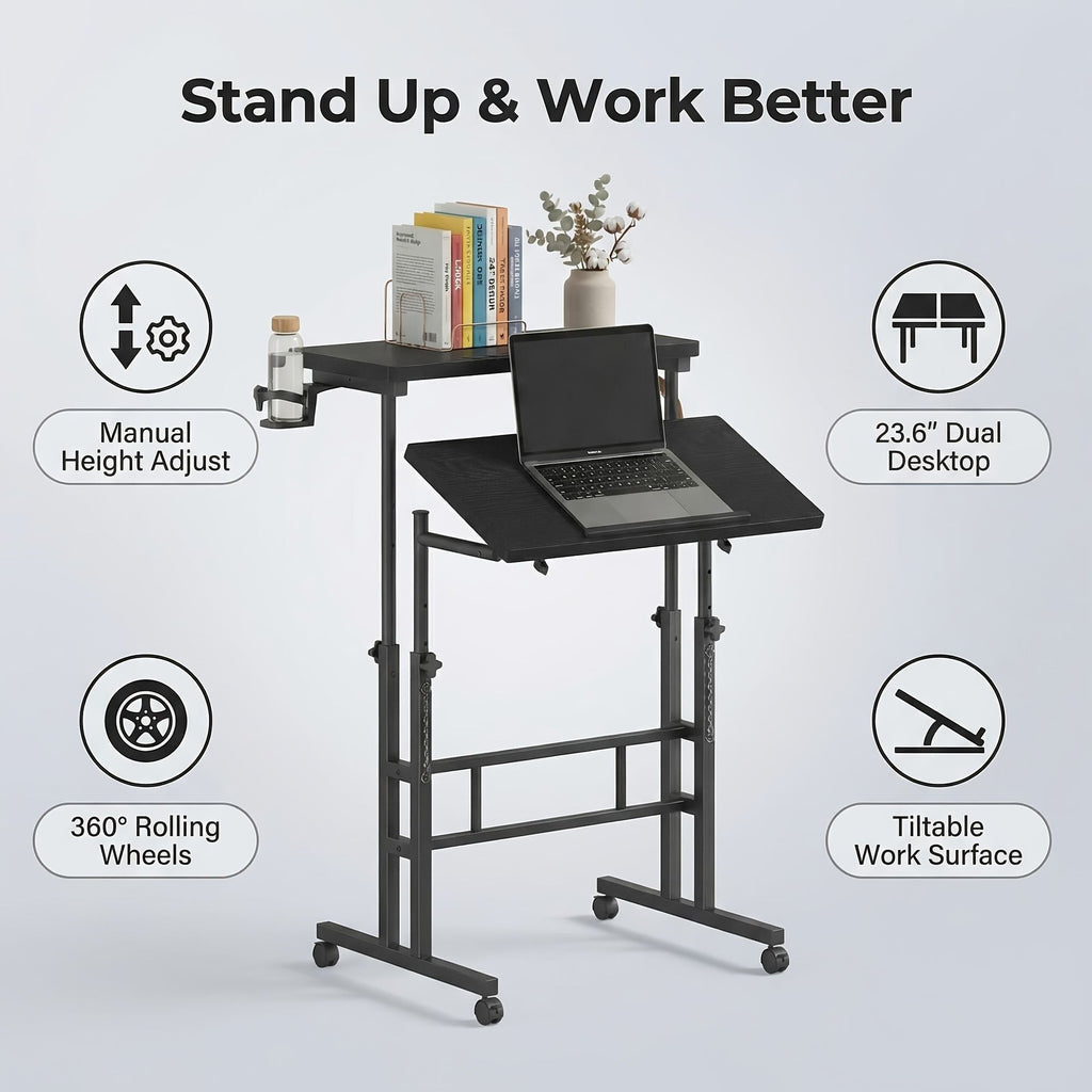 24inch manual height adjustable split top standing desk on wheels sit stand workstation with rolling base space saving t