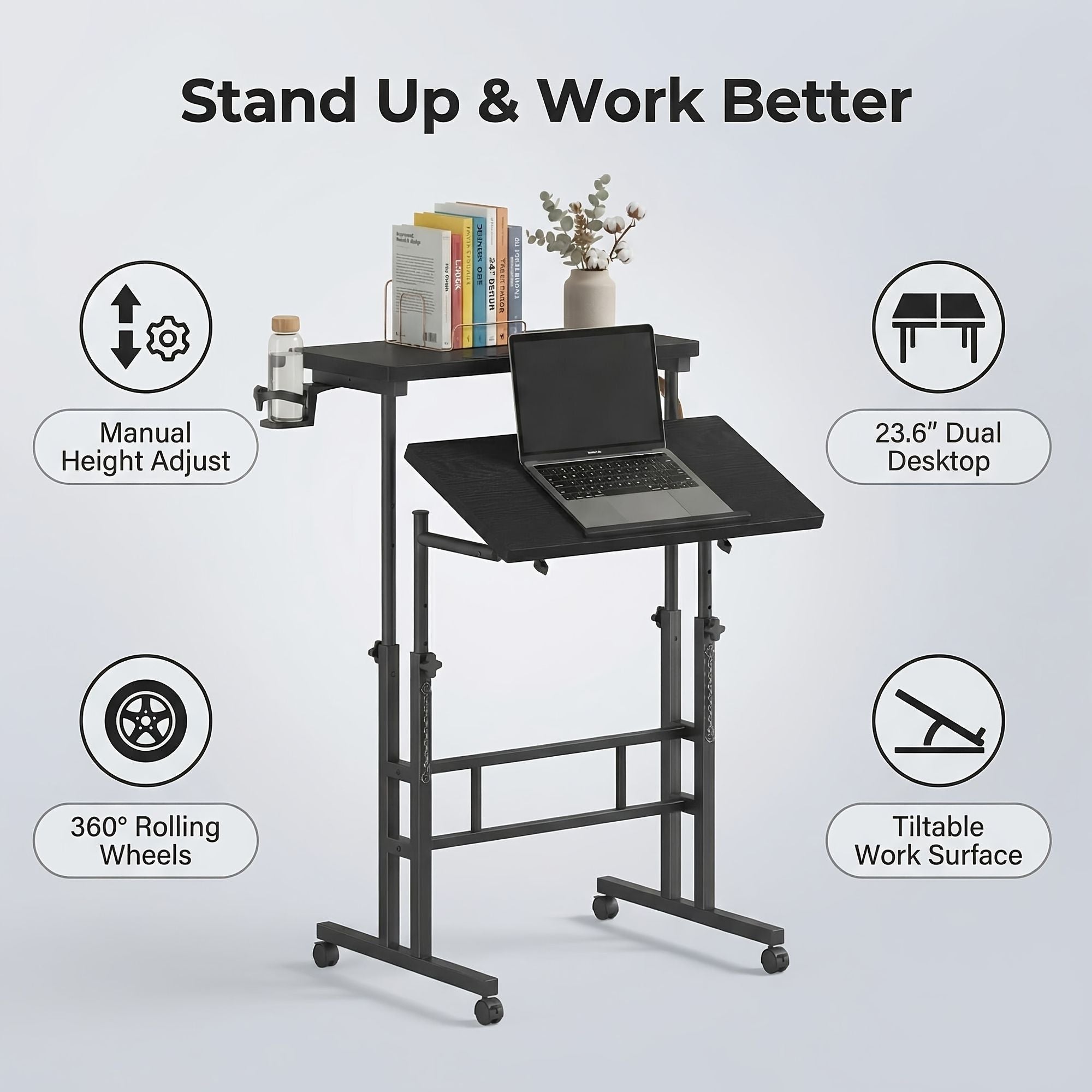 24inch manual height adjustable split top standing desk on wheels sit stand workstation with rolling base space saving t