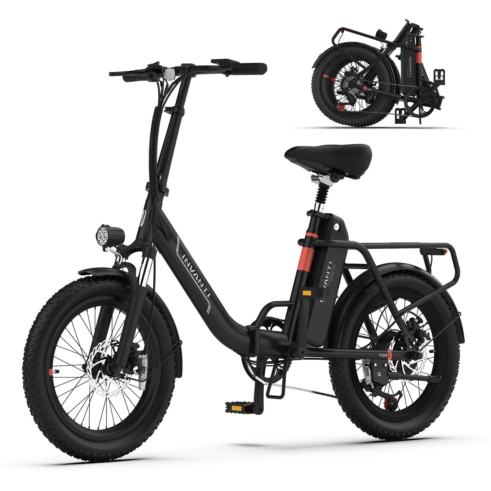 invanti EB11 500W folding electric bike with 48V 10.4Ah battery and Shimano gears, side view on pavement