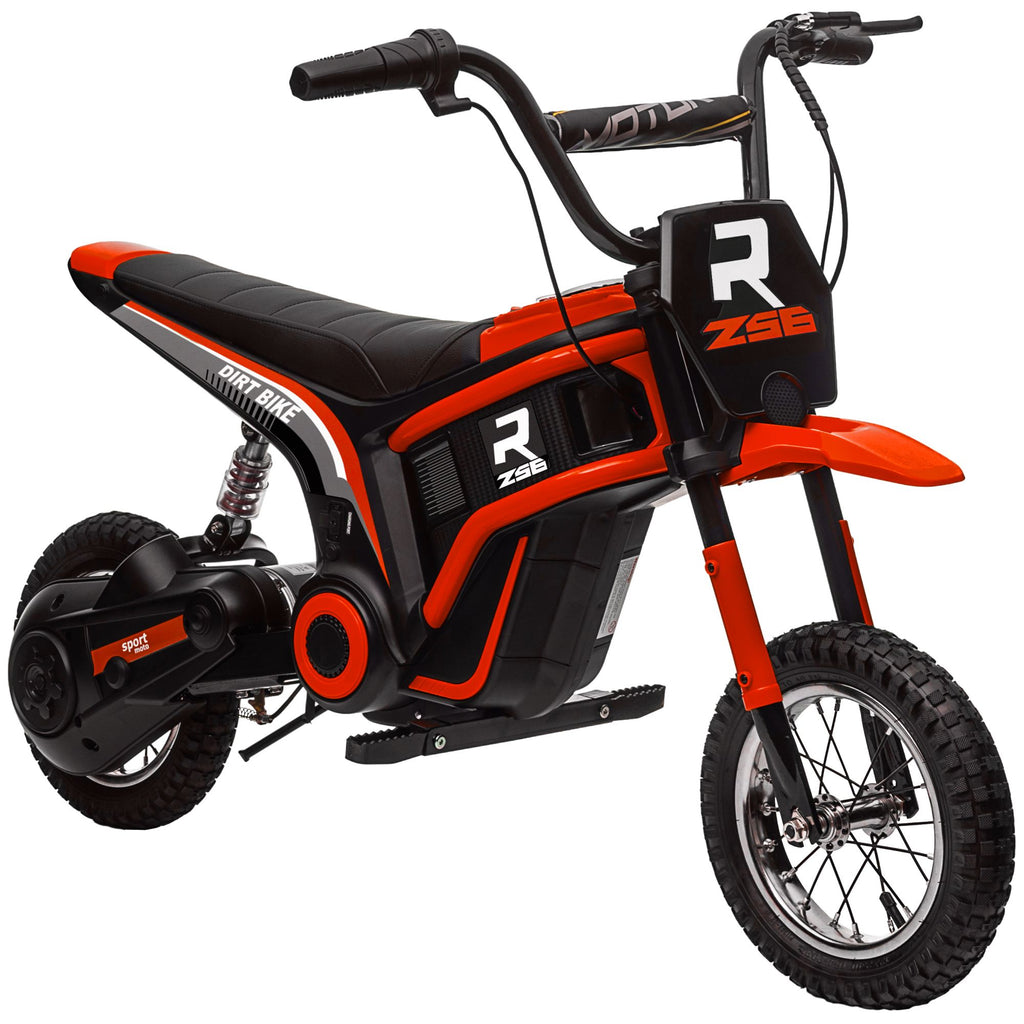 Red Aosom 24V 350W off?road electric dirt bike with rear suspension, side view