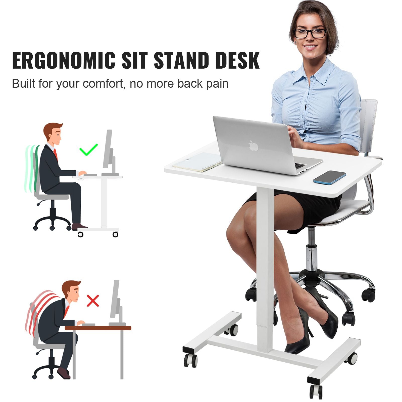 portable rolling laptop table gas spring height adjustable sit stand desk with 360 wheels for flexible home office solut