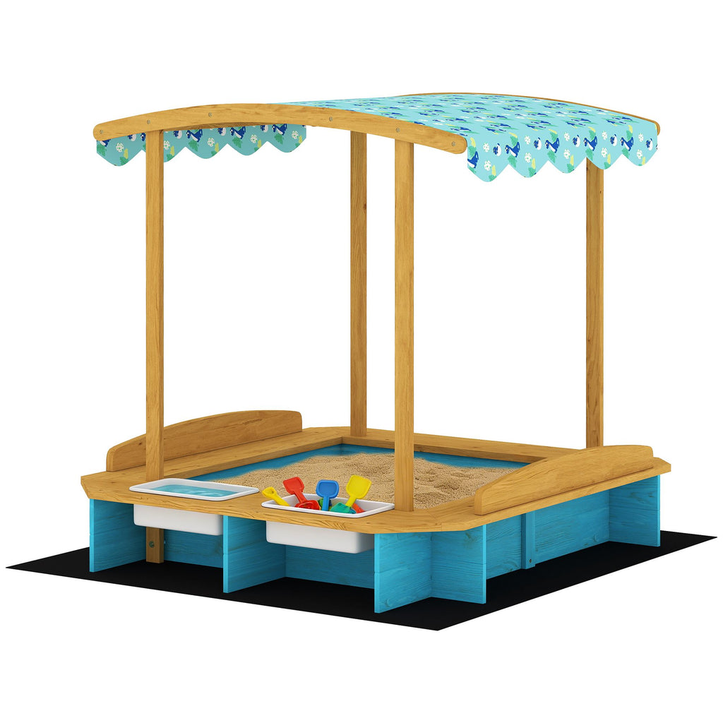wooden sandbox with dinosaur print canopy kids sandbox outdoor with bench seats 2 storage bins - 