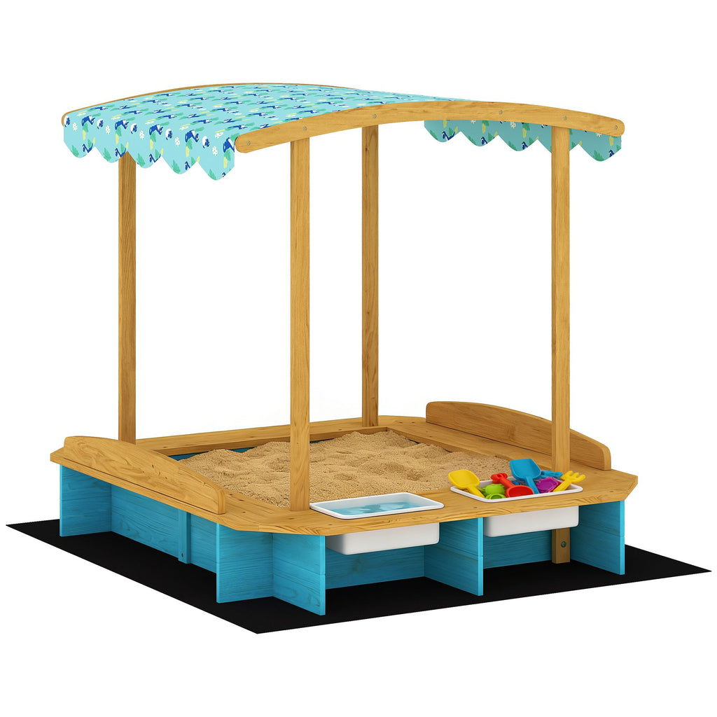 wooden sandbox with dinosaur print canopy kids sandbox outdoor with bench seats 2 storage bins - 