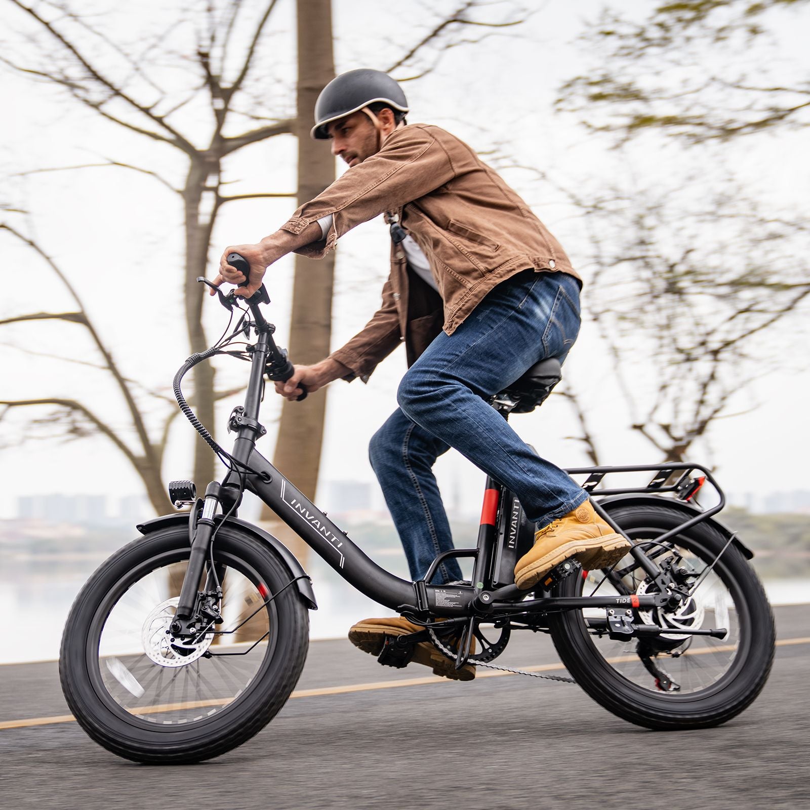  Invanti EB11 folding electric bike, rear three-quarter view highlighting motor and disc brake