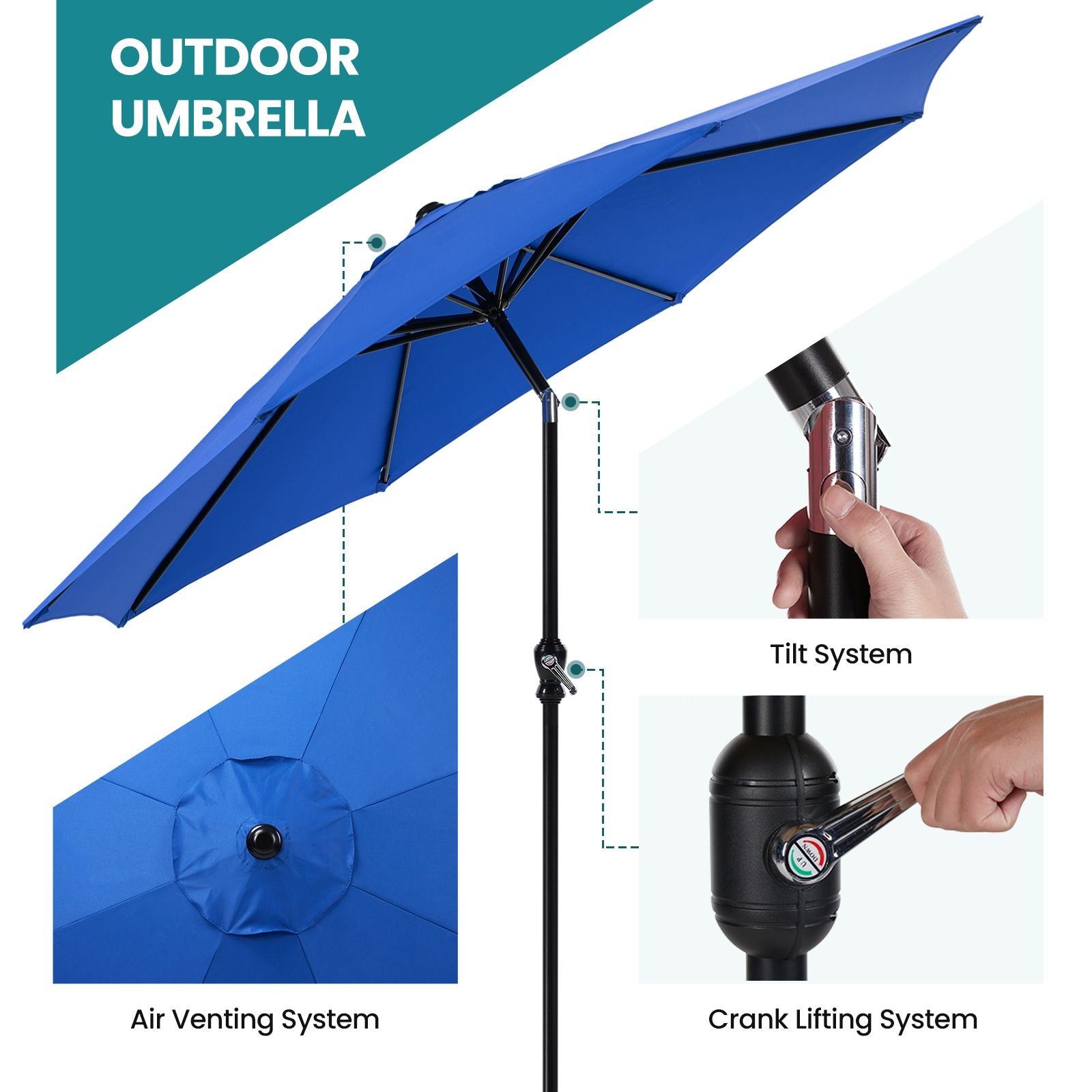 7 5 foot outdoor terrace sun umbrella with button tilt and hand cranking device 6 rib design uv15 waterproof fabric - im