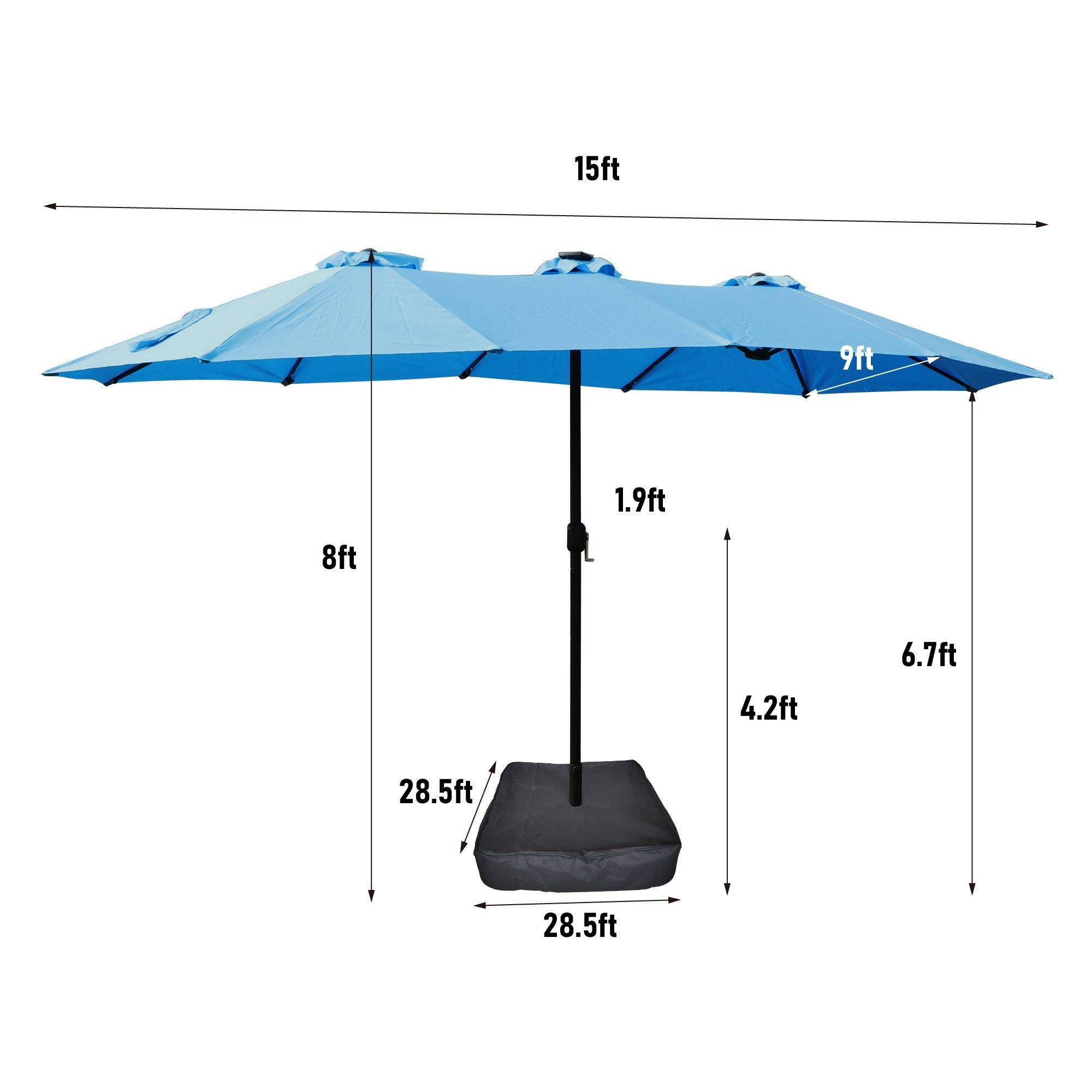 15x9ft large double sided rectangular outdoor twin patio market umbrella with light and base blue - 
