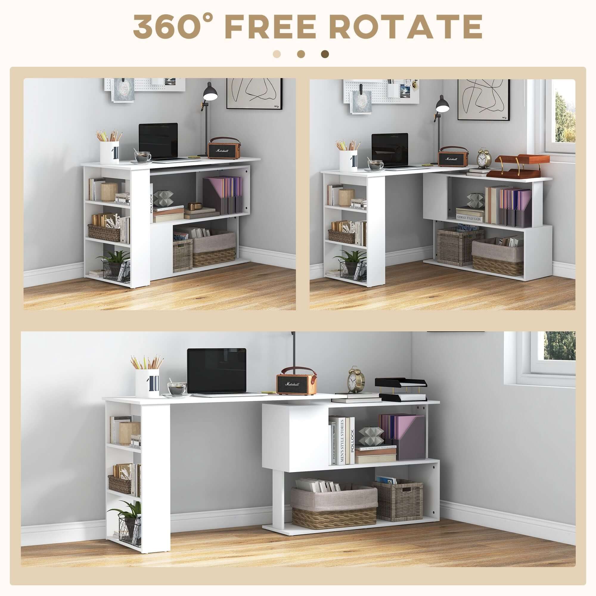 white l shaped corner computer desk with 360 rotating design storage shelves perfect home office workstation - 