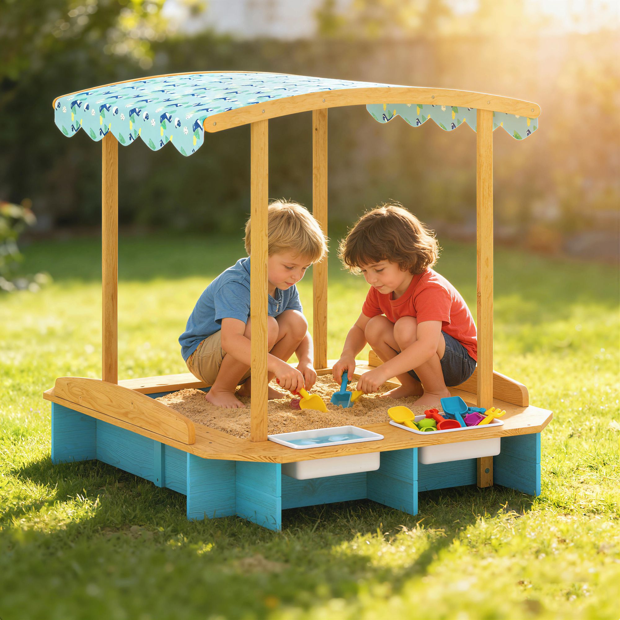 wooden sandbox with dinosaur print canopy kids sandbox outdoor with bench seats 2 storage bins - 