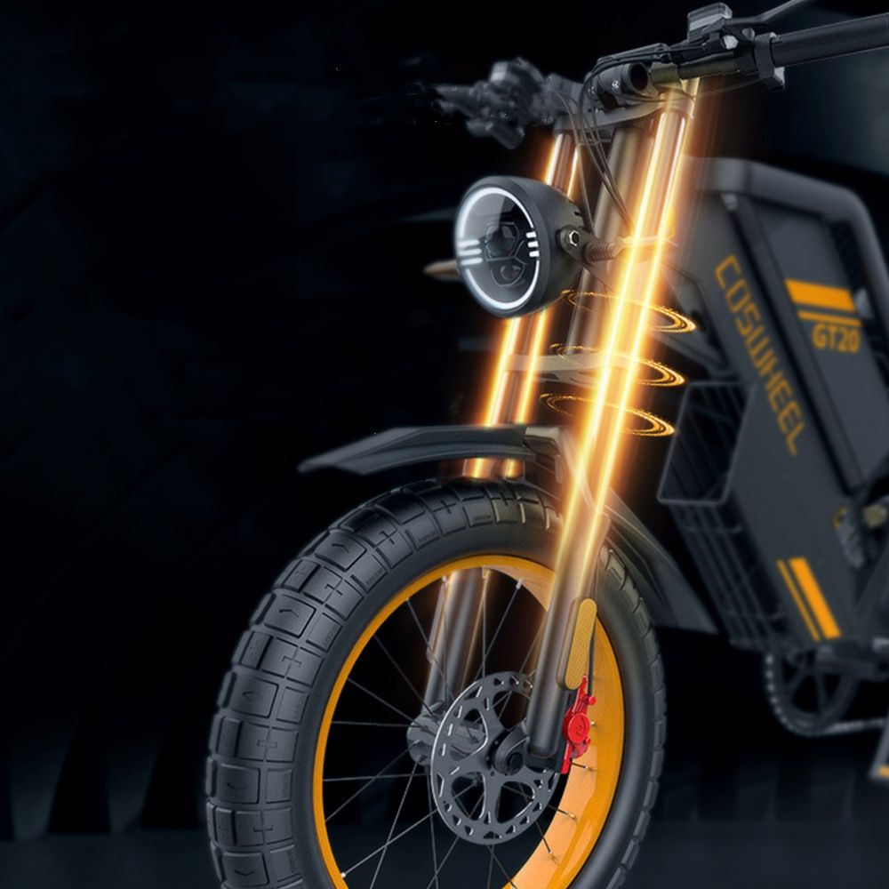High?performance off?road e?bike, three-quarter rear view on forest path